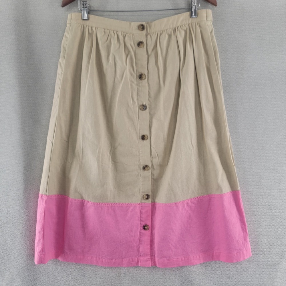 J Crew Skirt Linen Button Front Preppy Colorblock Midi Size XL Elastic Waist